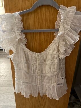 Free People White Ruffled Smocked Button-Front Blouse